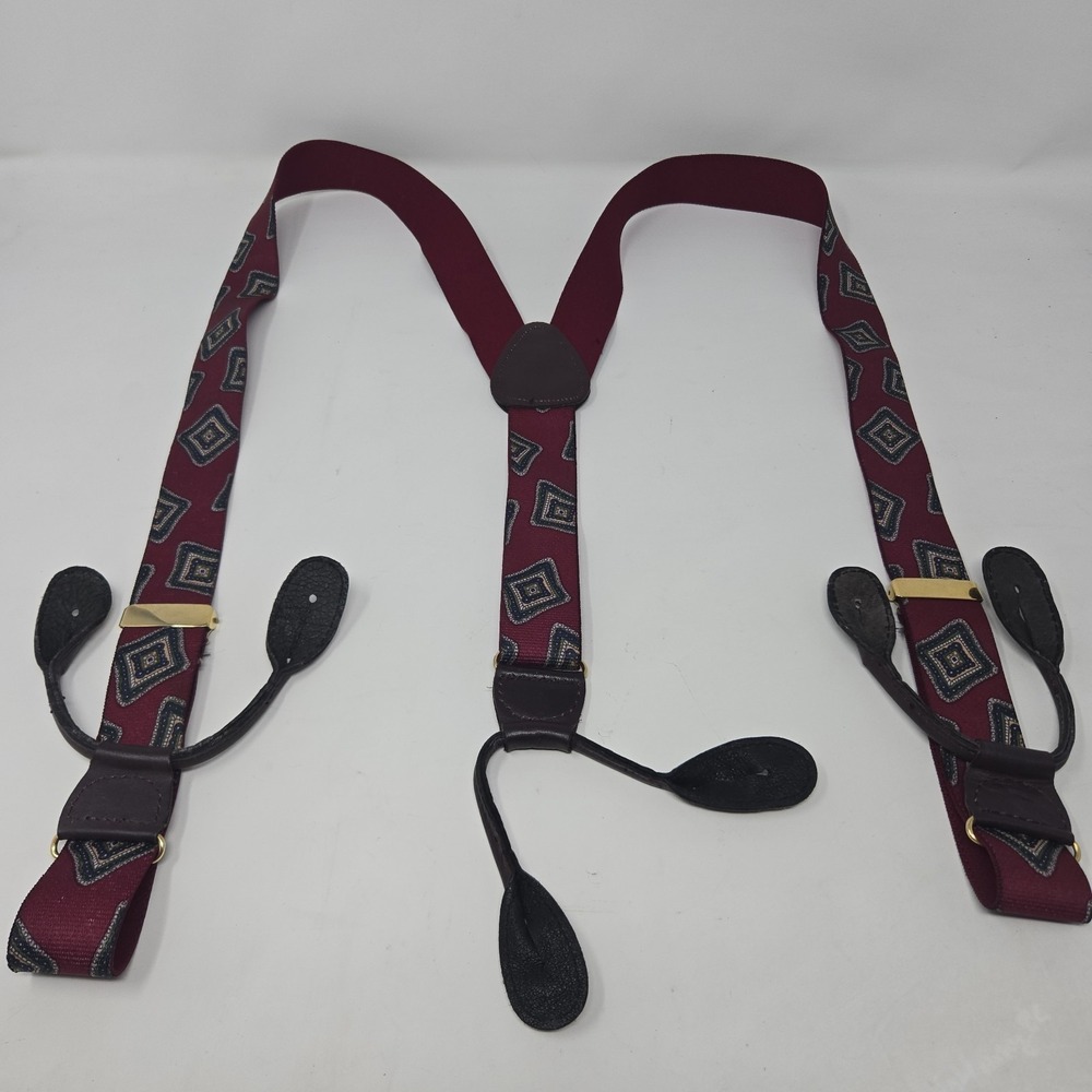 Vintage Y-Back Suspenders Burgundy Green Medallion Silk Jacquard Button Ends